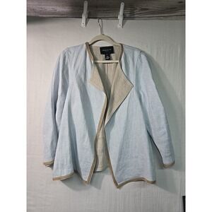 Lafayette 148 Light Blue Linen Open Front Blazer Jacket Women's XL Brown Trim